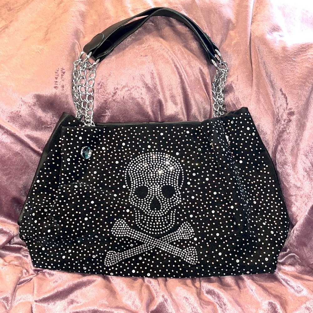 NWT ☠️ Metal Studded w Crystal Accents Purse  Silver Chain & Leather Straps
